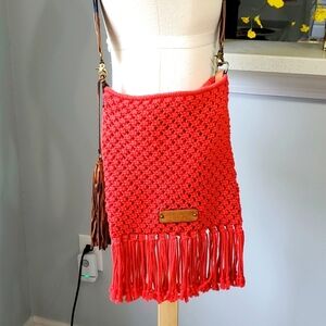 LUCKY BRAND Red Boho Crochet Fringe Crossbody With Wide Strap Purse